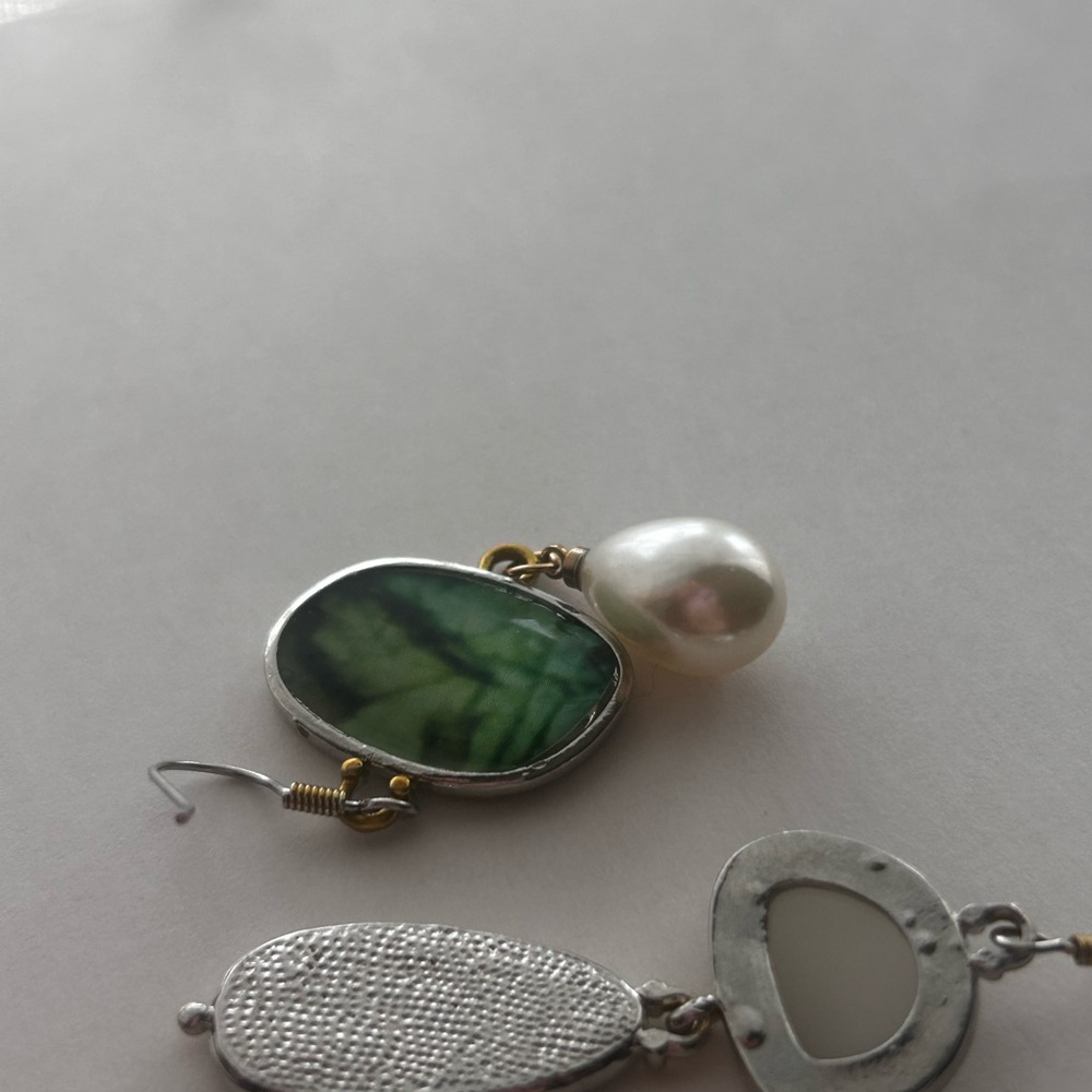 Silver And Gold Green and White Stone Drop Earrings Bohemian Elegant - Picture 6 of 6